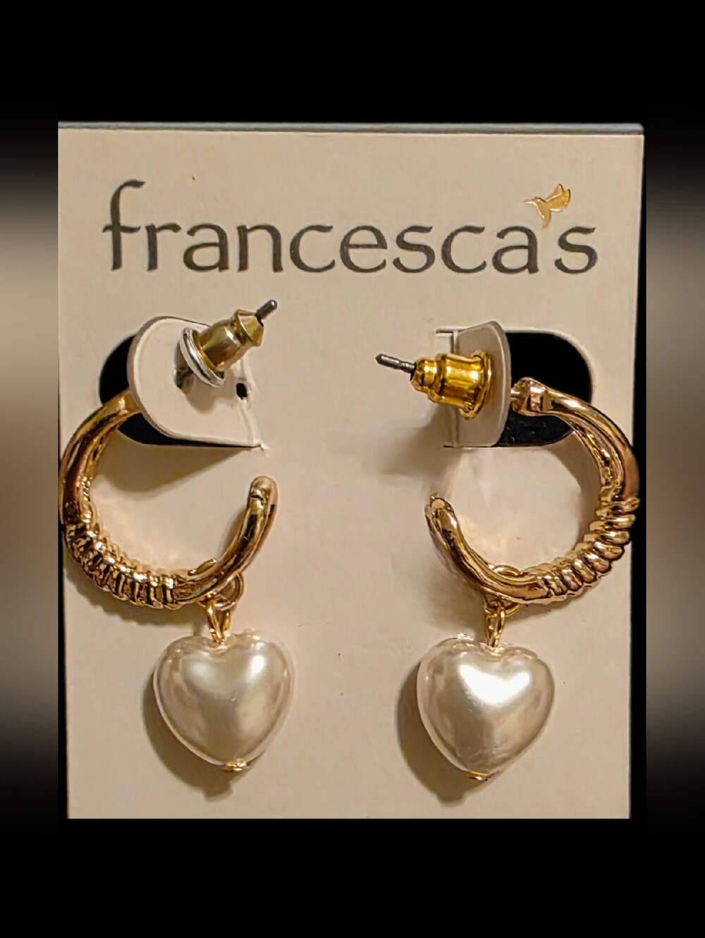 Hoop Earrings w/Faux Pearl Heart Drops